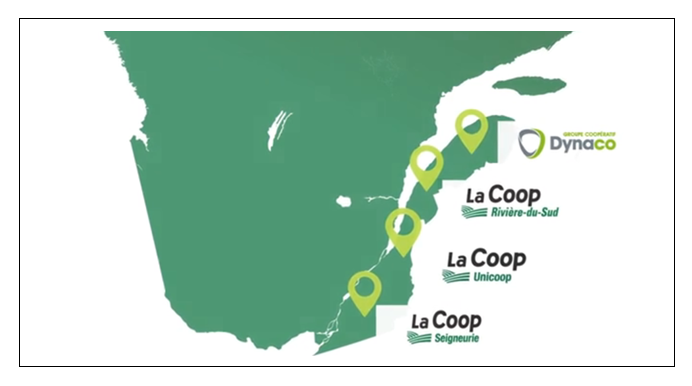 Image d'une carte de la province de Québec, représentant les 4 premières coopératives qui se sont regroupées pour donner naissance à Avantis Coopérative.