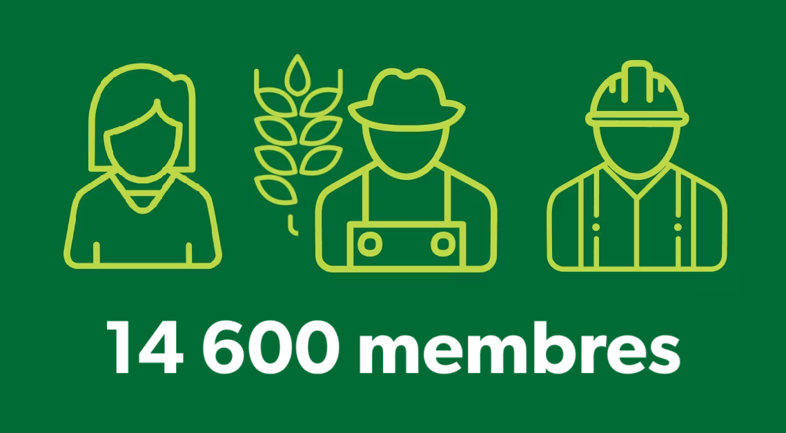 Une image représentant les membres et les employés du réseau d'Avantis en pictogrammes: une femme, un agriculteur et un ouvrier.