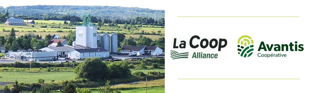 Photo d'un centre d'entreposage et de transformation des grains appartenant à Avantis Coopérative. Logo de La Coop Alliance, avant sa fusion avec Avantis.